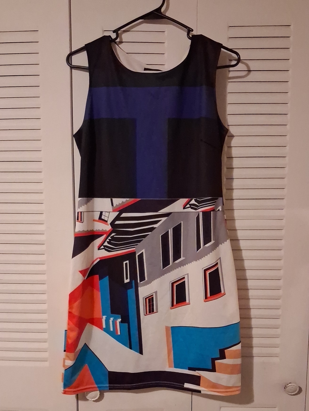 Just Cavalli Blue, Black and Multicolor Graphic Sheath Dress. M Great Condition.